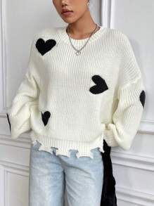 SHEIN Qutie 愛心圖案落肩袖仿舊邊套頭毛衣 - 彩色 - 查看 1