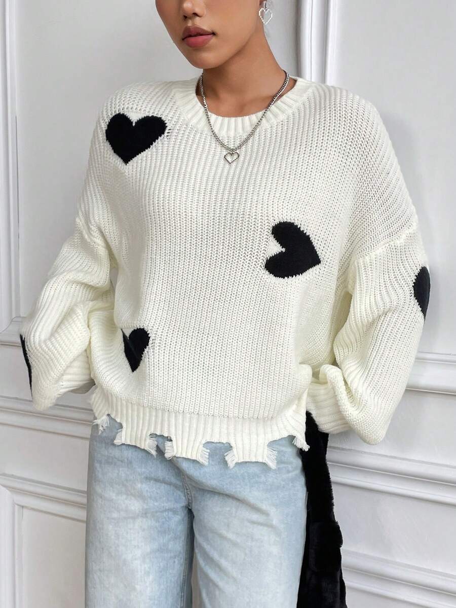 SHEIN Qutie 愛心圖案落肩袖仿舊邊套頭毛衣 - 彩色 - 查看 1