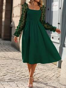 SHEIN LUNE Lưới tương phản Đèn treo tường tay áo lá sen Đầm - Màu xanh lá cây đậm - Xem 3