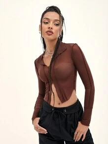 SHEIN ICON 下擺開叉網紗薄透上衣 - 鏽棕色 - 查看 1