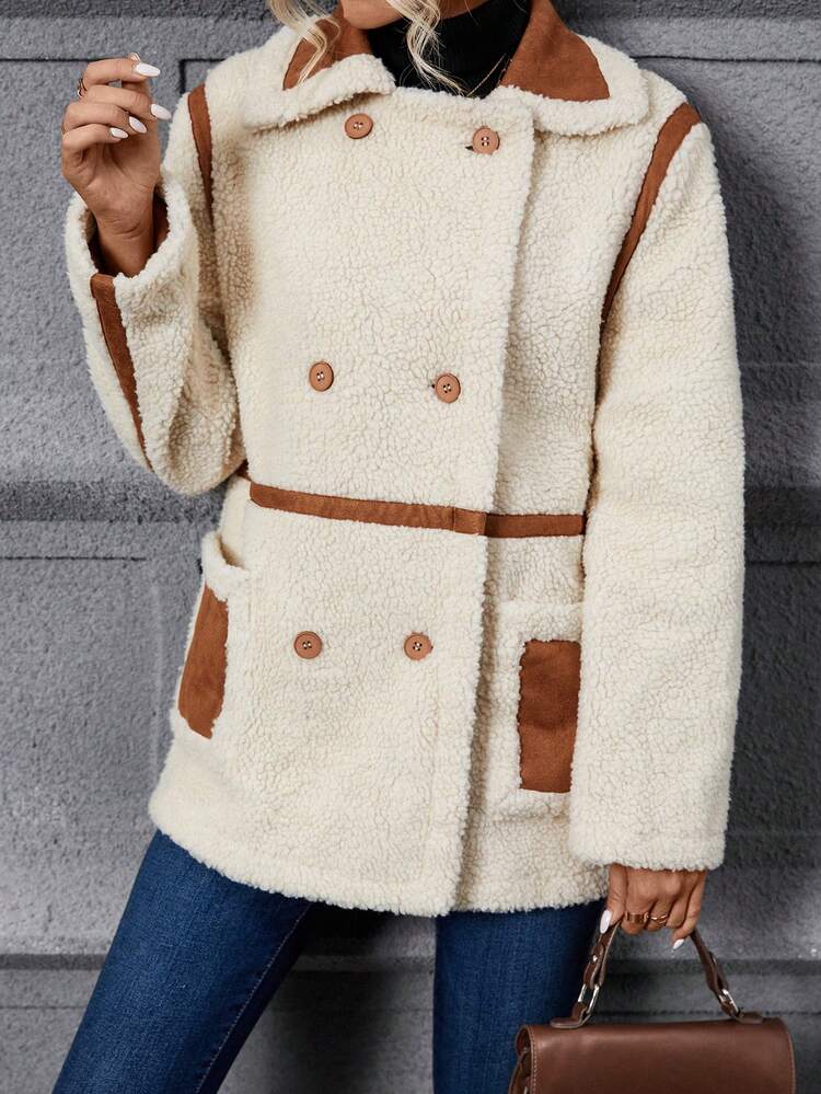 Women's Color Block Collar Patchwork Double Breasted Coat