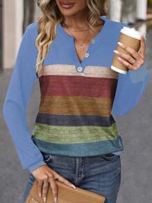 SHEIN LUNE Color Block Half Button Sweatshirt Pullover Fall Sweatshirt - Multicolor - View 3