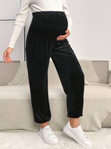 SHEIN 孕婦可調節腰帶腰側口袋長褲 - 黑色 - 查看 5