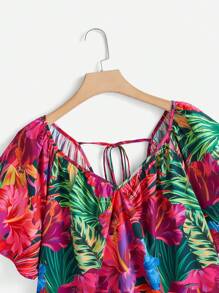 SHEIN LUNE 大碼熱帶圖案後綁帶插肩袖襯衫 - 彩色 - 查看 3