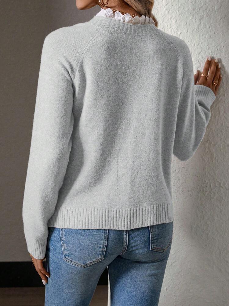 Contrast Lace Trim Button Detail Raglan Sleeve Knit Pullover Fall Winter Sweater