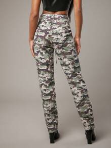 SHEIN Haute 迷彩印花破洞帶蓋口袋牛仔褲 - 彩色 - 查看 2