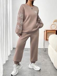 SHEIN Unity Letter Graphic Drop Shoulder Sweatshirt & Sweatpants - Dusty Pink - View 5