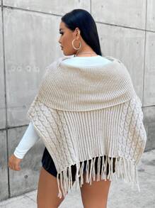 Flirla Plus 1 pièce Poncho Pliable Col Bardot À Franges Manches Chauve-Souris