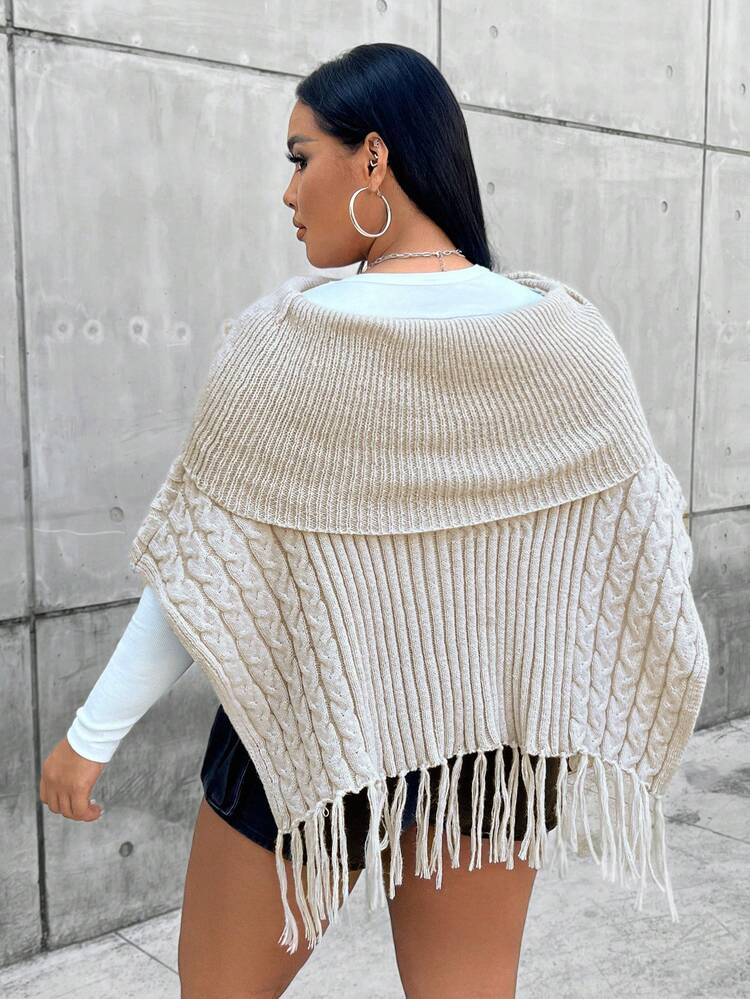 Plus 1pc Foldover Off Shoulder Fringe Hem Batwing Sleeve Poncho Sweater Knit Pullover Fall Winter Sweater