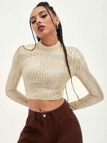SHEIN BAE Mock Neck Sequin Crop Top - Champagne - View 1