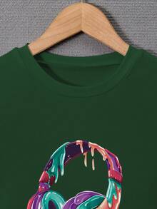 SHEIN 男大童耳機圖案T恤 - 綠色 - 查看 5