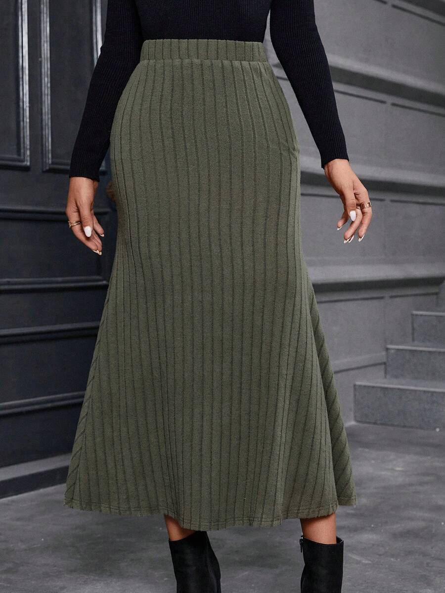 SHEIN LUNE Falda bajo de sirena unicolor tejido de canalé - Verde - Ver 1