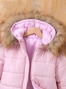 SHEIN Tween Girl Fuzzy Trim Hooded Padded Coat - Pink - View 4