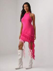 VERO DIAZ 素色不對稱下擺掛脖洋裝 - 玫紅色 - 查看 4