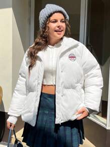 SHEIN EZwear 大碼女性燈芯絨夾克帶字母貼布 - 白色 - 查看 3