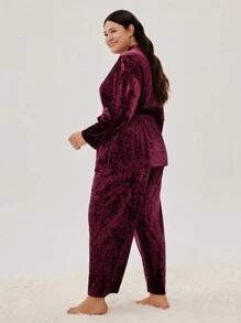 LUVLETTE 大碼絲絨家居服套裝 - 酒紅色 - 查看 2