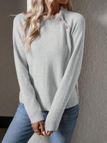 Chiquease Contrast Lace Trim Button Detail Raglan Sleeve Sweater Knit Pullover Fall Winter Outfit - Light Grey - View 4