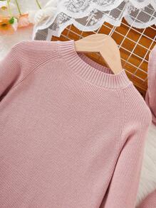 SHEIN Young Girl Solid Raglan Sleeve Sweater & Knit Pants & Scarf - Pink - View 4