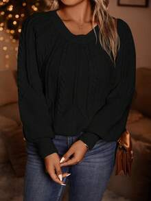 SHEIN LUNE 大碼麻花編織插肩袖套頭毛衣 - 黑色 - 查看 9