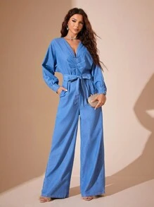 tay cánh Xù Thắt lưng Denim Áo liền quần - Màu xanh lam - Xem 6