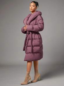 SHEIN BAE Đỏ  Dài Áo lông Jacket  áo Đối với Giáng sinh Mùa Đông Buổi tiệc - Gỗ đỏ - Xem 5