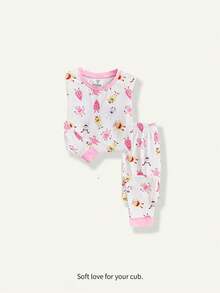 SHEIN Young Girl Cartoon Print Contrast Trim Snug Fit PJ Set - Multicolor - View 3