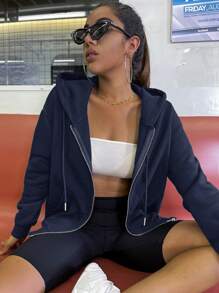 SHEIN Unity 拉鏈開襟落肩袖抽繩加絨內裏連帽衫 - 寶藍色 - 查看 1