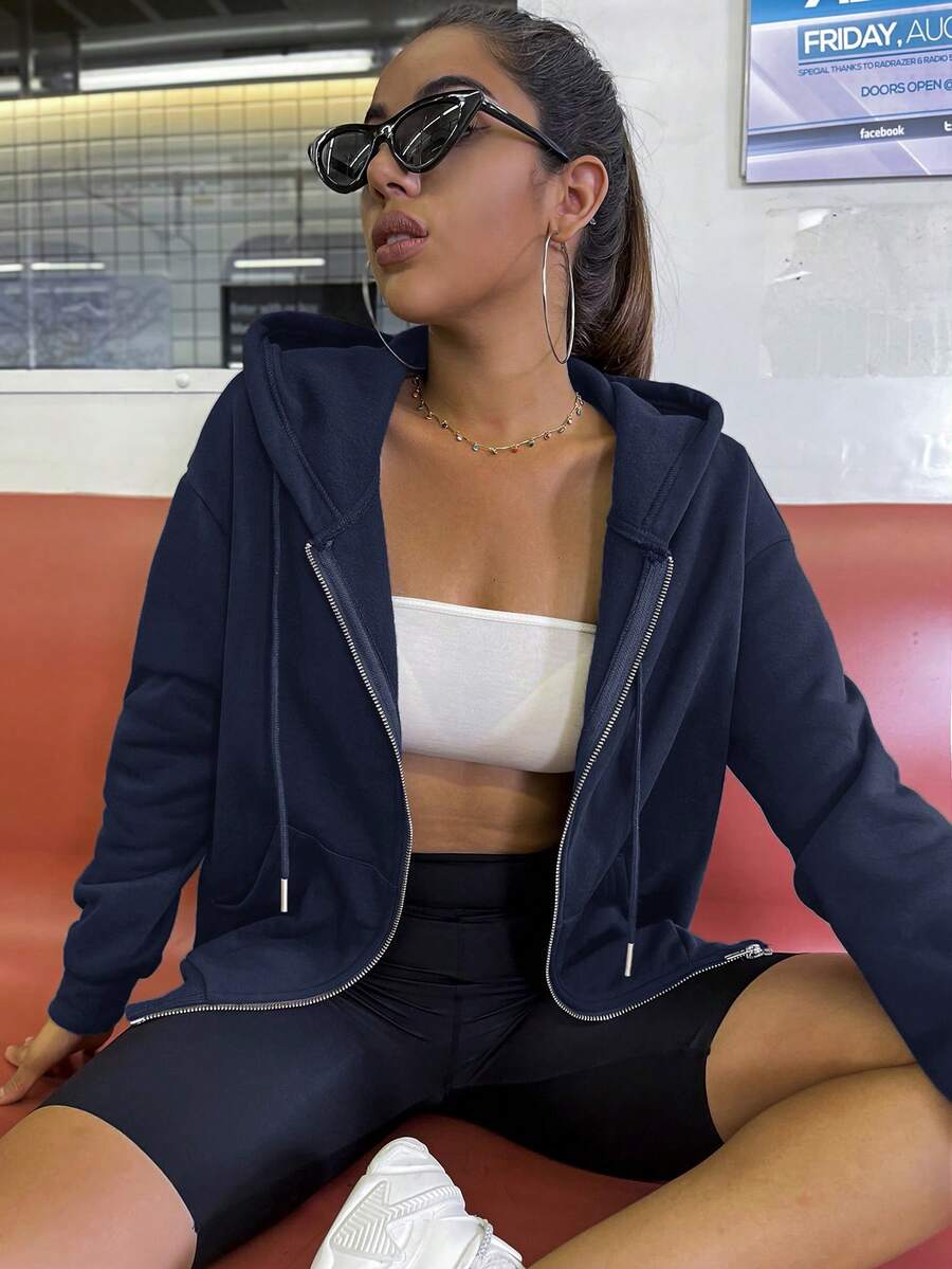 SHEIN Unity 拉鏈開襟落肩袖抽繩加絨內裏連帽衫 - 寶藍色 - 查看 1