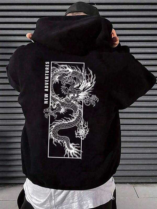 SHEIN Teen Boy Casual Dragon Print Long Sleeve Hoodie Sweatshirt, Suitable For Autumn/Winter
