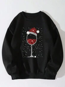 SHEIN LUNE Christmas Hat & Glass Print Drop Shoulder Sweatshirt Pullover Fall Sweatshirt - Black - View 3