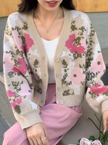 DAZY Floral Pattern Drop Shoulder Cardigan - Pink - View 4