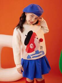 Tween Girl Figure Graphic Pom Pom Detail Sweater - Apricot - View 2