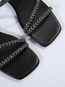 Women'S Outdoor Square Toe Slippers, Fashionable With Black Color, Multiple Strips, Rhinestone And Flat Heels, Providing High-End Sensation - Black - View 4