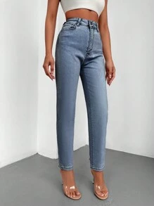 高腰媽媽牛仔褲 - 深色水洗藍 - 查看 3