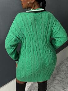 Slaydiva 秋冬加条纹麻花针织落肩毛衣裙 - 綠色 - 查看 2