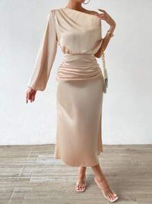 Chiquease Asymmetrical Neck Ruched Detail Lantern Sleeve Dress Fall Cloth For Women - Apricot - View 6