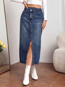 SHEIN Privé 高腰高衩牛仔半身裙 - 深色水洗藍 - 查看 3