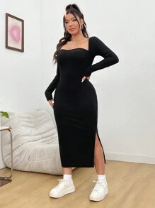 SHEIN EZwear Plus甜心領分割式收身連身裙 - 黑色 - 查看 4