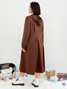 SHEIN EZwear Plus Drop Shoulder Bear Patched Drawstring Hooded Sweatshirt Dress - Coffee Brown - View 2