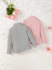 SHEIN 女小童2入組條紋印花小熊刺繡小高領T恤 - 彩色 - 查看 2