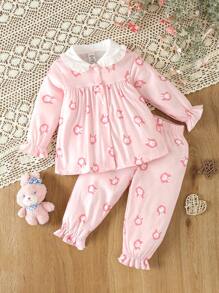 女嬰卡通圖案荷葉袖睡衣套裝