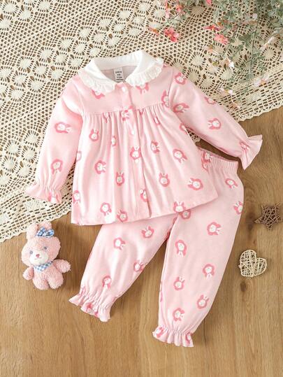 女嬰卡通圖案荷葉袖睡衣套裝