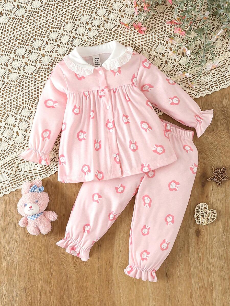 女嬰卡通圖案荷葉袖睡衣套裝