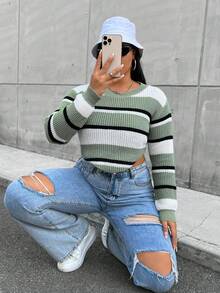 Flirla Hơn Mẫu sọc Curved Hem Áo len - Nhiều màu - Xem 4