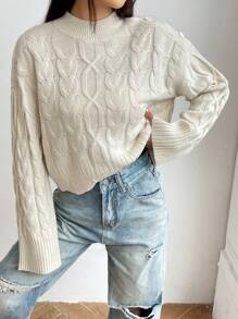 Chiquease Cable Knit Button Detail Drop Shoulder Knit Pullover Fall Winter Sweater - White - View 6