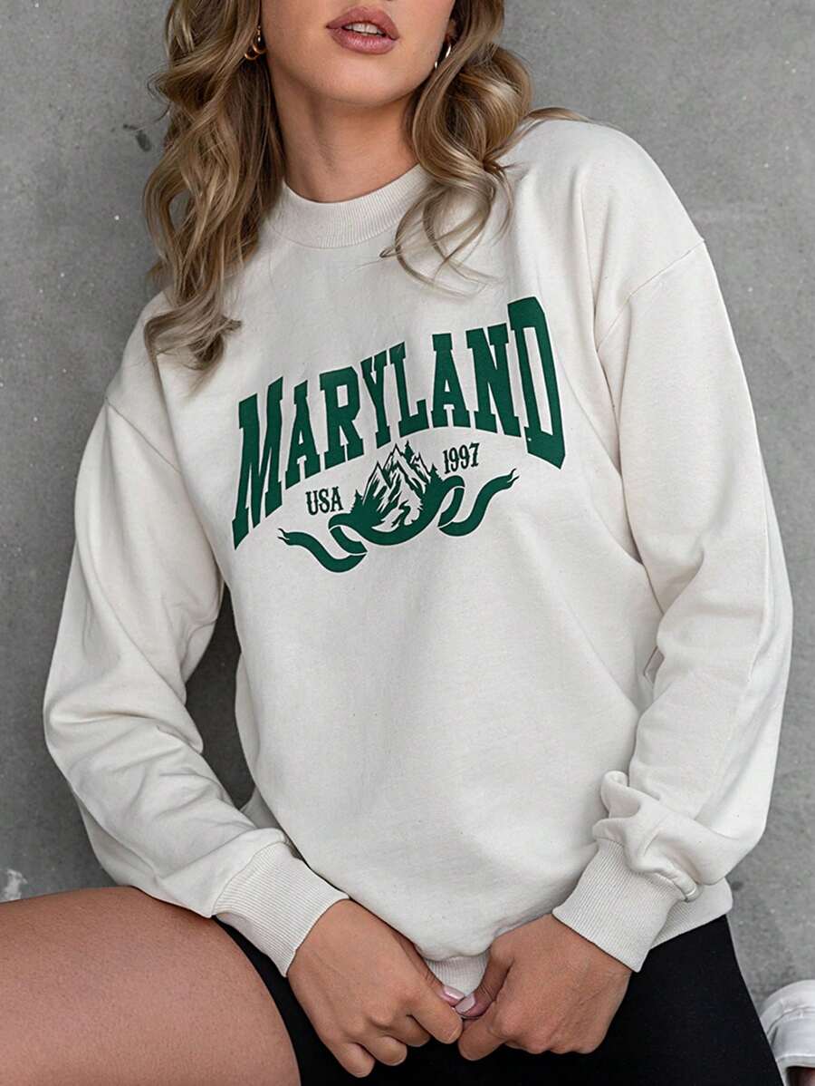 SHEIN PETITE Đồ họa núi & chữ Thả vai Áo nỉ - Màu be - Xem 1