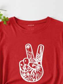 SHEIN EZwear 手掌和植物圖案T恤 - 紅色 - 查看 3