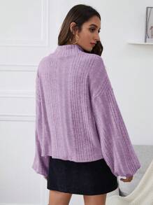 SHEIN Essnce Camiseta de cuello alto de hombros caídos de manga farol tejido de canalé - Púrpura malva - Ver 2