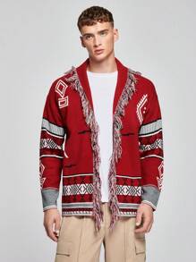 Manfinity RebelGame 男士幾何圖案青果領流蘇邊開襟衫 - 彩色 - 查看 3