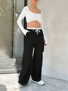 SHEIN Unity Ca-vát Backless Áo phông Crop & Eo dây rút Quần Cargo - màu đen - Xem 4